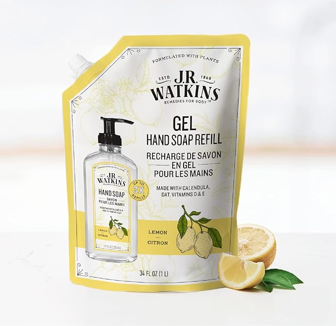 J.R. Watkins Gel Hand Soap Refill Pouch, Scented Liquid Hand Wash for Bathroom or Kitchen, USA Made and Cruelty Free, 34 fl oz, Lemon, 6 Pack