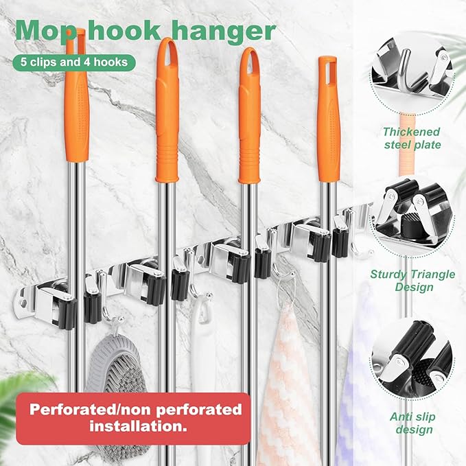 3Pcs 5 Racks 4 Hooks Stainless Steel Broom Mop Holder Anti Slip Wall Mount Broom Storage Rack Strong Load Bearing Waterproof Mop Broom Organizer for Bathroom Kitchen Garage