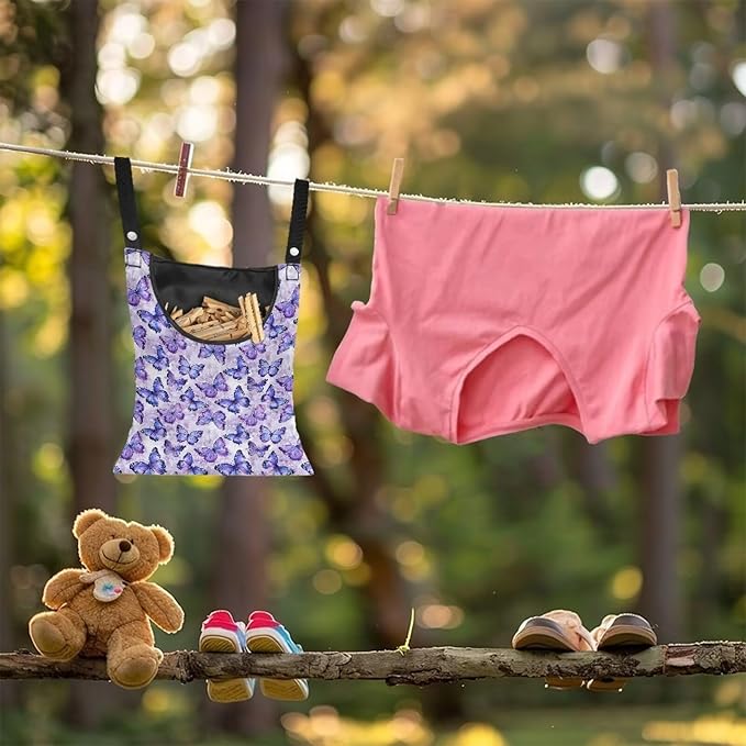 2 Pcs Butterfly Purple Clothespin Bag for Clothesline Outdoor, Soft & Lightweight Hanging Bag for Laundry, Clothes Pins Bag Holder Outdoor, Clothes Pin Bag for Outside