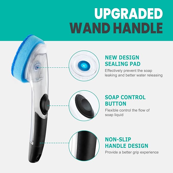 Heavy Duty Dishwand with Refills, Dish Wand Replacement Sponge Heads with Handle, Soap Control Dispenser Leak-Free Scrub, Non-Scratch Advanced Scrubber Brush Pads for Cleaning Dishes Sink Washing Tool