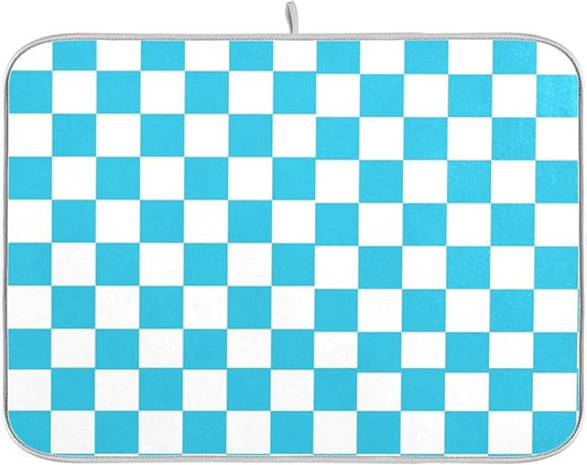Turquoise Chessboard Dish Drying Mat for Kitchen Countertop 18x24 Teal Plaid Checkered Rectangle Large Drying Mat Reusable Quick Dry Dish Sink Absorbent Mats Easy Clean Decorative Home Essentials