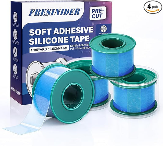 FRESINIDER Silicone Medical Tape – 1" x 5 Yard Blue 4 Rolls, Pre-Cut, Waterproof & Repositionable, Pain-Free Removal, Hypoallergenic Adhesive for Sensitive Skin, Wound Care & First Aid Use