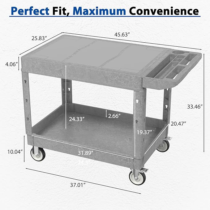 Heavy Duty Flat Top Utility Cart with Wheels 2-Tier Utility Plastic Service Work Cart for Shop, Garage, Warehouse, Maintenance 550 lbs