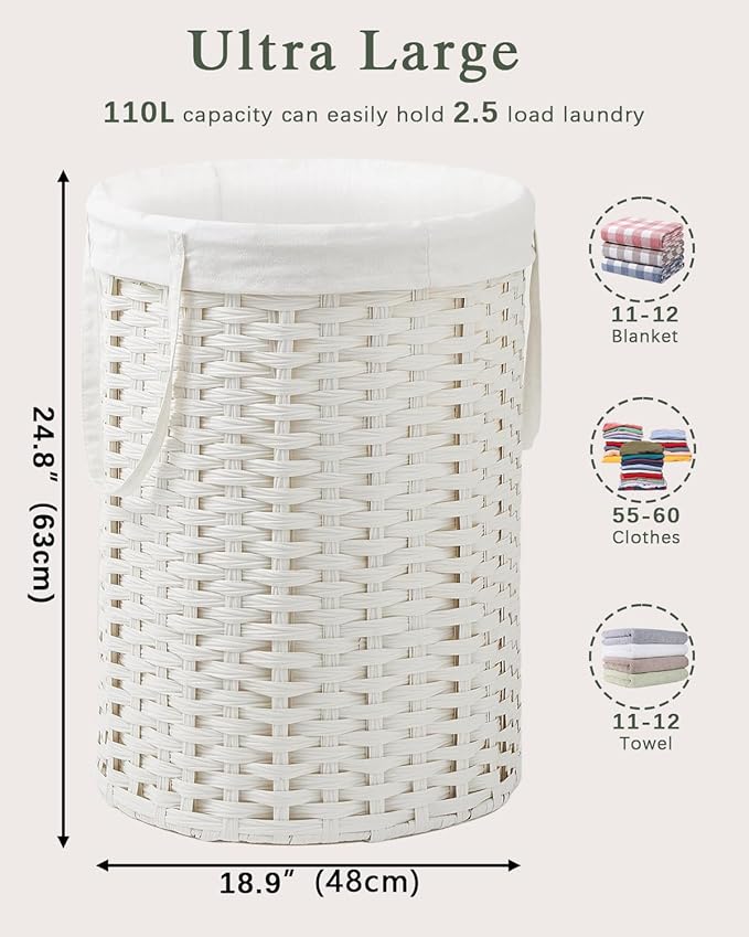 Laundry Basket Round Rattan Laundry Hamper 29.1 Gal (110 L) Handwoven Large Wicker Basket with Handles, Wicker Hamper with Removable Bags and 2 Mesh Bags for Bathroom Living Room White