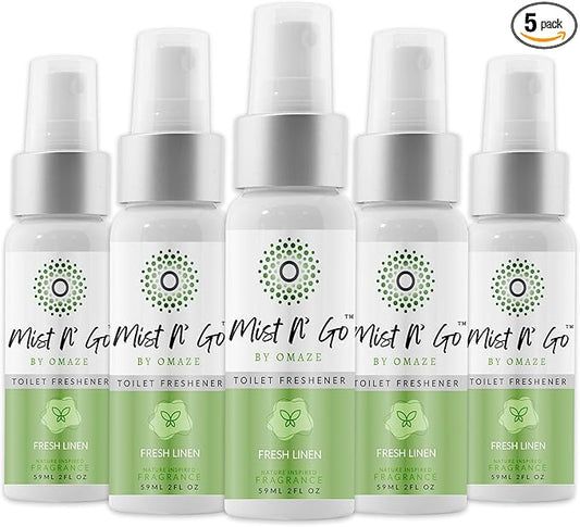 Mist N' Go Travel Toilet Spray - Odor Eliminator & Air Freshener (Fresh Linen) - 2oz x5