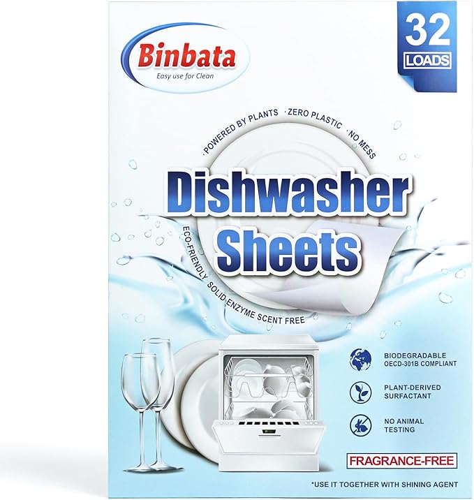 Upgraded Eco Dishwasher Detergent Sheets Up To 32 Loads, Unscented Plastic Free Dishwashing Soap Strips With High Efficient Solid Enzyme, Leaving Dishes Sparkling Clean