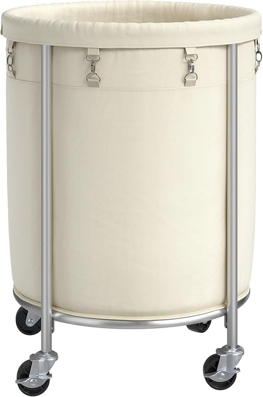 ELYKEN Laundry Basket with Wheels, 170L Rolling Laundry Hamper with Removable Bag and Steel Frame, Round Laundry Cart with 4 Casters and 2 Brakes, Ideal for Bedroom, Bathroom, Laundry Room, Cream