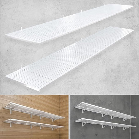 4-Pack 1.5x4ft Heavy Duty Garage Wall Shelving, 1000 lbs Load Capacity, Garage Storage Rack with Hooks, White