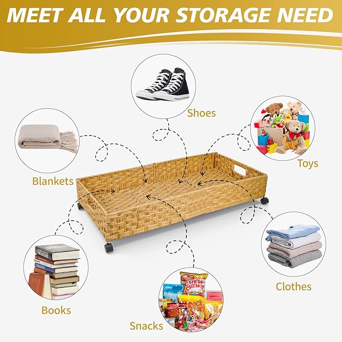 Under Bed Storage Containers with Wheels, 2 Pack 31.5in / 35L Handmade Rattan Underbed Organizer Drawer, Tool-free Assembly Rolling Under Bed Storage Bins for Shoes Clothes Toy Book