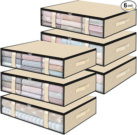 StorageRight Under Bed Storage Bins, 6-Pack 40L Foldable Fabric Storage Bags with Transparent Window, Breathable Organizer for Clothes/Blanket/Comforter/Quilts,Beige
