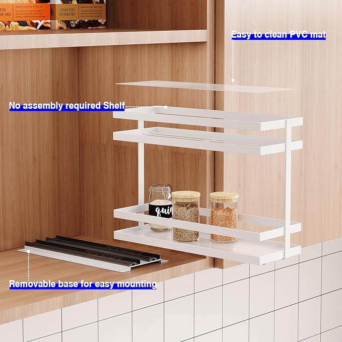 2 Pack Pull Out Spice Rack Organizer for Cabinet, 2 Tier Metal Slide Out Seasoning Organizer and Storage Heavy Duty Vertical Spice Rack Shelf Pullout for Kitchen Cabinets No Drilling (White)