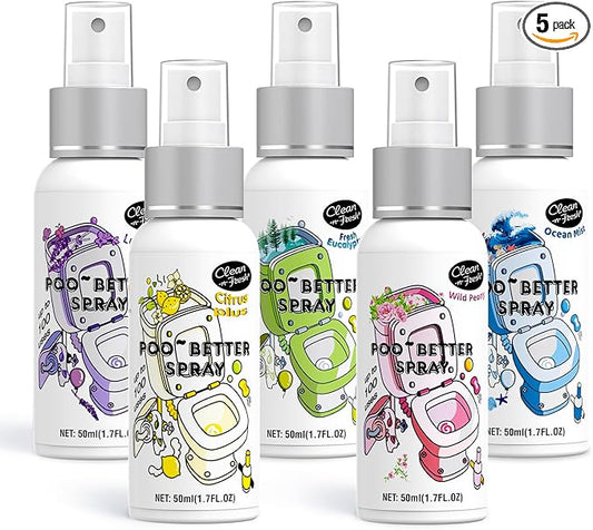 Clean-n-Fresh Toilet Spray 8.5 Fl Oz, Travel Size Variety 5 Pack - Citrus, Peony, Lavender, Eucalyptus, Ocean Mist, Instantly Eliminate Bathroom Odor, Air & Toilet Freshener, Each 1.7 Fl Oz