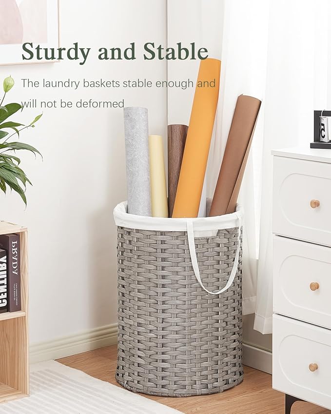 Laundry Basket Round Rattan Laundry Hamper 29.1 Gal (110 L) Handwoven Large Wicker Basket with Handles, Wicker Hamper with Removable Bags and 2 Mesh Bags for Bathroom Living Room Gray