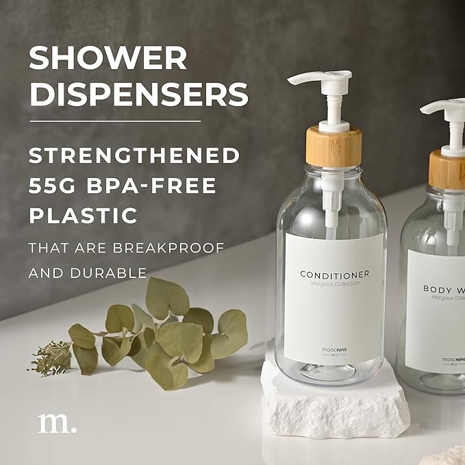 MaisoNovo Refillable Shampoo and Conditioner Bottles | 16.9 fl oz Set of 3 Clear Plastic Bottles White Bamboo Pumps