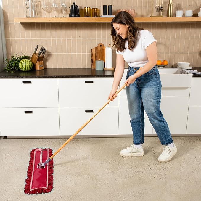 24 Inch Red Commercial Dust Mop & Floor Sweeper – Wood Handle Floor Mop for Tile, Hardwood & Concrete