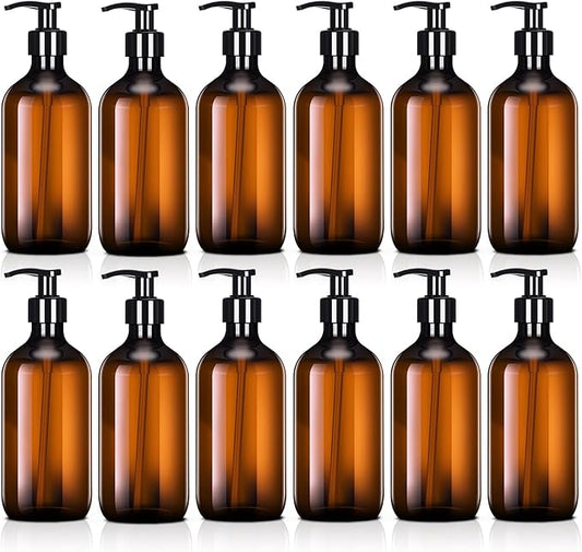 Tessco for you 12 Pack Amber Soap Dispenser Empty Plastic Pump Bottles Dispenser Refillable Shampoo Container for Hand Sanitizer Soap Lotion Body Wash Conditioner Bathroom Kitchen Travel(12 oz)