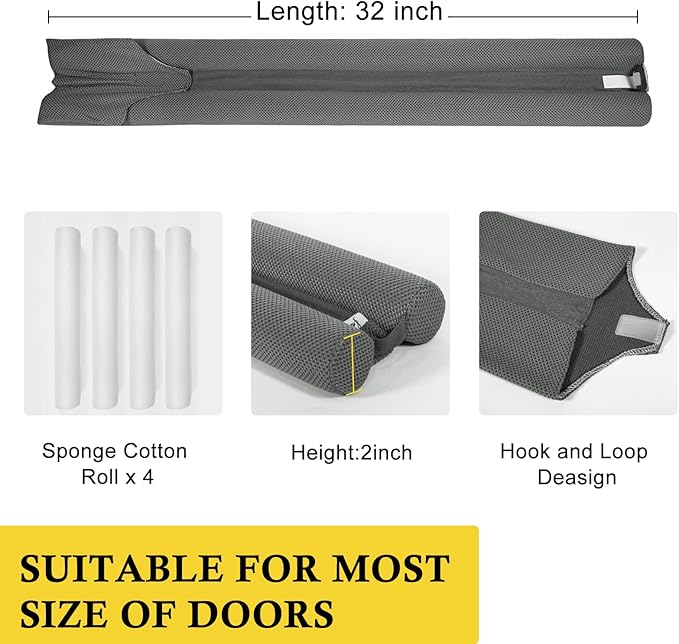 fowong Under Door Draft Stopper 32 Inch Adjustable Draft Stopper for Bottom of Door, Soundproof Window Breeze Blocker, Grey