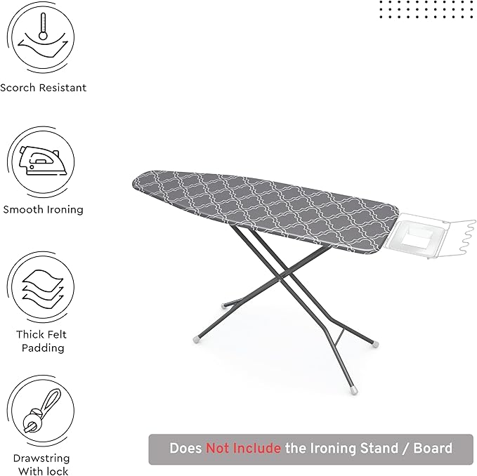 Encasa XO Ironing Board Cover and Pad 54"x15" - Thick 3mm Felt Padding, Drawstring Tightening & Lock, Easy Fit, Scorch & Stain Resistant, Fits Standard Large Ironing Board - Grey Tiles