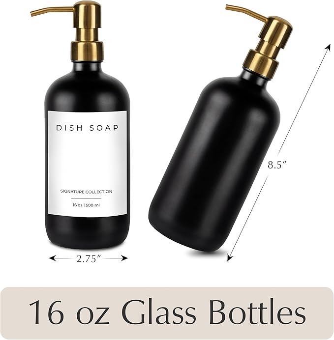 Emerson Essentials Soap Dispensers, Dish Soap Set for Kitchen, Farmhouse Bathroom Set, Hand Soap Dispenser | Glass Soap Dispenser with Pump and Labels, 16 Oz, 2 Pack