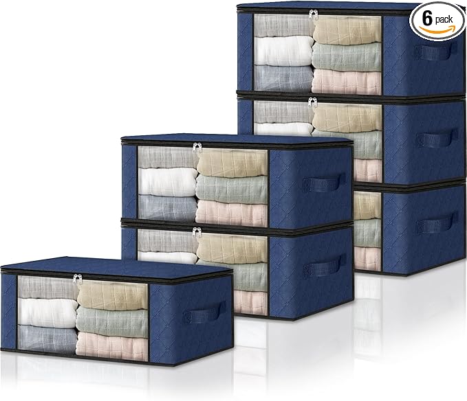 HomeHacks Storage 6-Pack Clothes Organizer Storage Bags Foldable Storage Box with Large Clear Window Sturdy Handles for Closet, Dorm, Pillows, Bedding, Clothes, Blankets, 35L, Blue