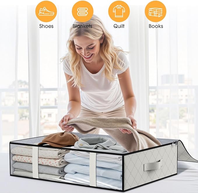 StorageRight Under Bed Storage Bins, 10-Pack 40L Foldable Fabric Storage Bags with Transparent Window, Breathable Organizer for Clothes/Blanket/Comforter/Quilt, White