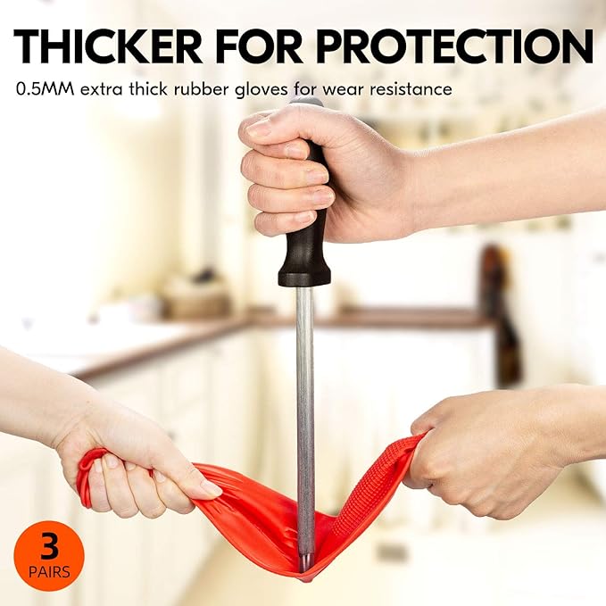 Vgo... 3-Pairs Dishwashing Gloves, Reusable Household Gloves, Long Sleeve, Thick Latex, Cleaning, Washing, Working, Painting, Gardening, Pet Care (Size L, Red, RB2143)