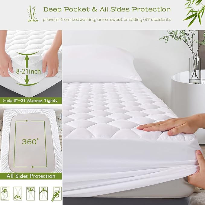 GRT Queen Mattress Protector Waterproof, Rayon from Bamboo, Cooling Quilted Fitted Mattress Pad, Noiseless Waterproof Mattress Cover, fits up to 21" Deep, Dust Proof White
