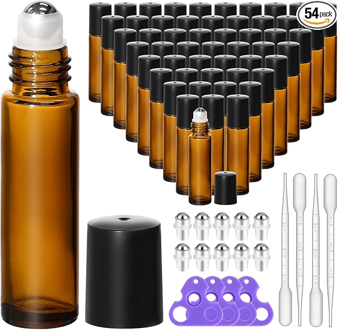 KEYWING 54 Pack Empty Essential Oil Roller Bottles – 10ml Amber Glass Roll-On Bottles with Stainless Steel Roller Balls & Caps, Refillable Perfume Containers for DIY & Travel