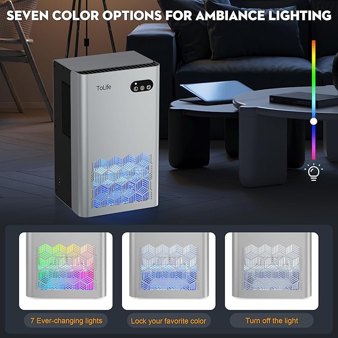 ToLife Dehumidifier for Home, 1000 sq.ft Dehumidifiers for Basement Bedroom Bathroom with 95 OZ Water Tank, Auto Shut Off 7 Colors LED Light, Silver