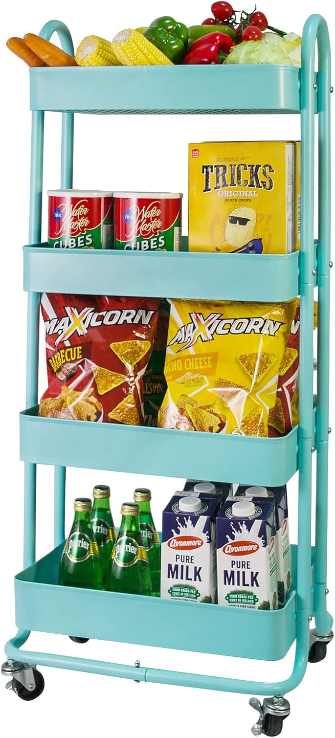 elabo 4-Tier Metal Mesh Utility Rolling Cart, Storage Organizer Trolley Services Cart with Lockable Wheels for Kitchen, Bathroom, Living Room (Blue)