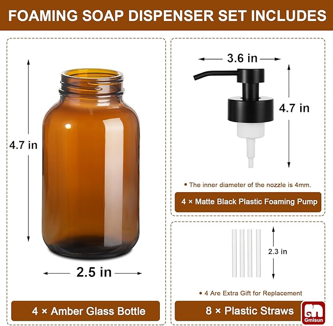GMISUN Foaming Soap Dispenser, 4 Pcs 8.5 Fl oz Amber Glass Foam Hand Soap Dispenser for Bathroom & Kitchen, Refillable Hand Soap Foam Dispensers, Modern Amber Glass Pump Bottle with Waterproof Labels
