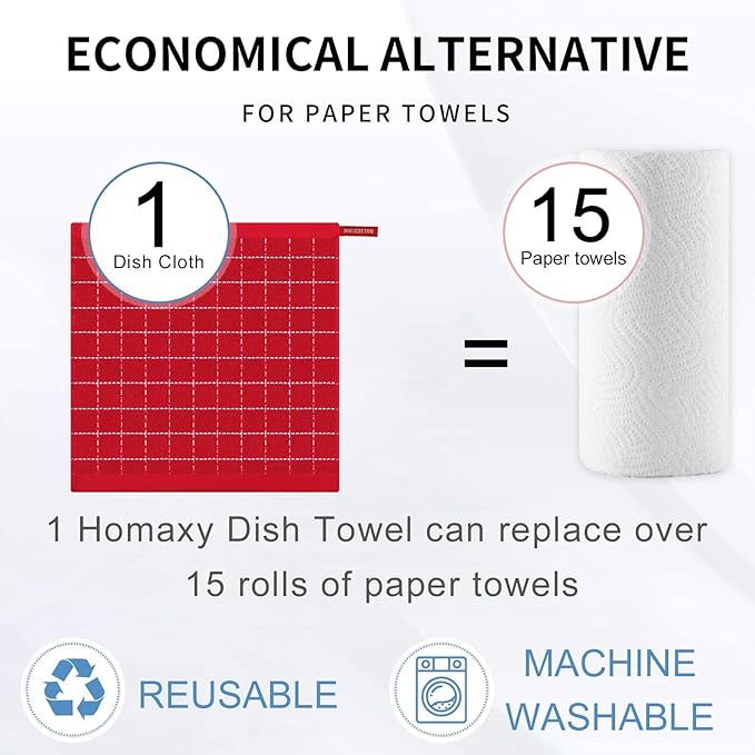 Homaxy 100% Cotton Terry Kitchen Dish Cloths, Ultra Soft and Absorbent Dish Towels for Kitchen, Suitable for Drying and Washing Dishes, 8 Pack, 12 x 12 Inches, Red