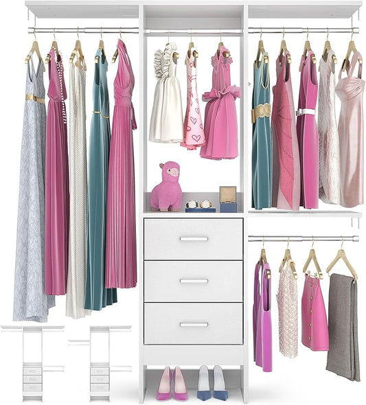 4FT Small Closet System with 3 Fabric Drawers, 48'' Closet Organizer System With 3 Adjustable Shelves, Flexible Built-In Clothes Garment Rack for Small Space, 48" L x 13" W x 71" H, White