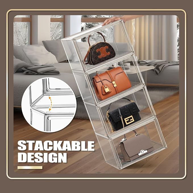 4Pack Clear Shoe Box Organizer, Acrylic Display Cases for Book Cosmetic Figures Collectibles Showcase, X-Large Bag Stackable Plastic Storage Bins with Magnetic Lid