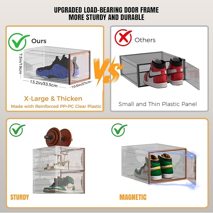 Shoe Storage Boxes Stackable, X-Large Plastic Clear Shoe Organizers with Magnetic Door, Thicken & Sturdy Sneaker Containers, Toy Storage Organizer Bins for Entryway, Closet, Under Bed