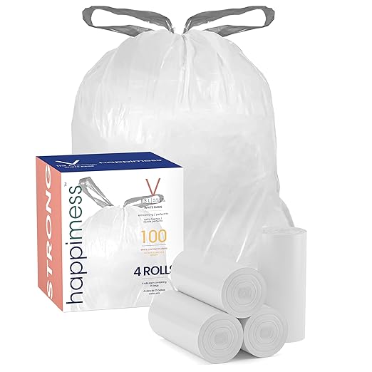 happimess HPM3000V-WHITE 30 Gallon Drawstring Unscented Trash Can Liner for Business Home Kitchen Commercial and Industrial White (100-Count, 4-Rolls of 25 Liners)