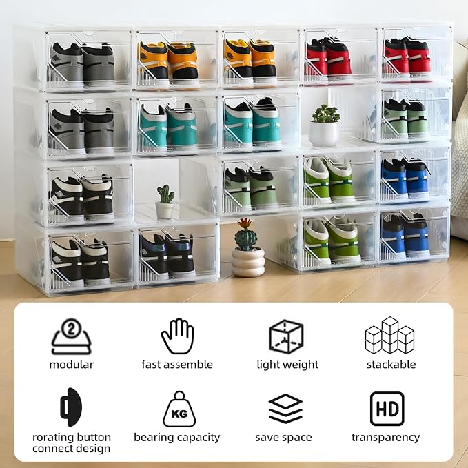 Modular XX-Large Shoe Organizer,Shoe Storage Organizer,10 Pack Shoe Box Clear Plastic Stackable,Drop Front Shoe Box with magnetic Door, Containers For Sneaker,Fit up to US Size 15
