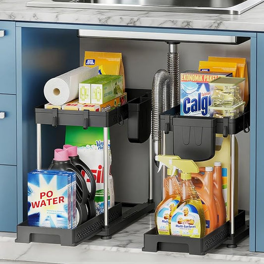 Under Sink Organizer, 2 Tier Pull Out Cabinet Organizer with Hooks Hanging Cup, Easy Installation & Rust-resistant, Multi-Purpose Storage Shelf for Kitchen Bathroom Pantry (Black, 2 Pack)