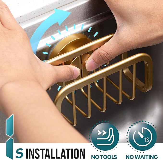 TAILI Sponge Holder for Kitchen Sink with Strong Suction Cup, Rustproof Aluminum Sink Caddy for Sponges, Removable Sponge Holder, Dish Brush for Scraper - Gold