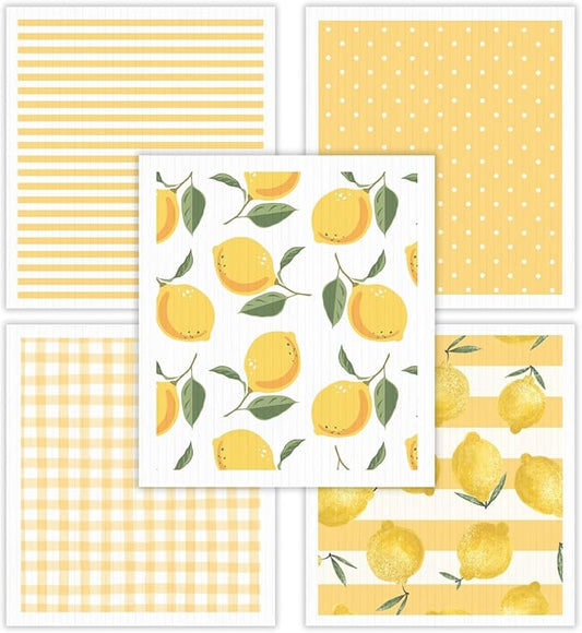HALL & PERRY Swedish Dishcloths for Kitchen, 5-Pack, Reusable Cellulose Sponge Cloths for Kitchen & Cleaning – Eco-Friendly, Ultra-Absorbent, Quick-Drying (Lemon Yellow)