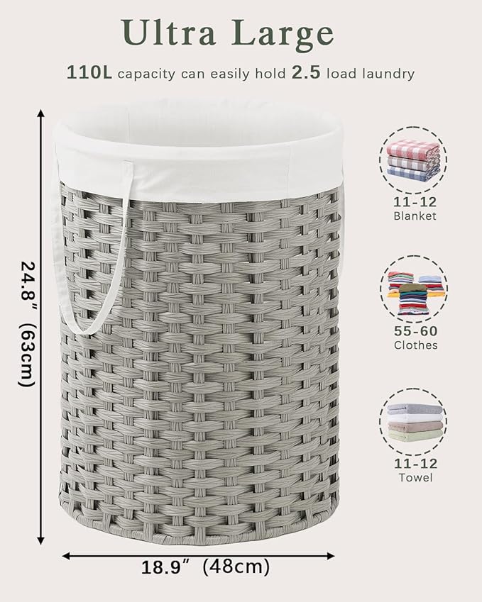 Laundry Basket Round Rattan Laundry Hamper 29.1 Gal (110 L) Handwoven Large Wicker Basket with Handles, Wicker Hamper with Removable Bags and 2 Mesh Bags for Bathroom Living Room Gray