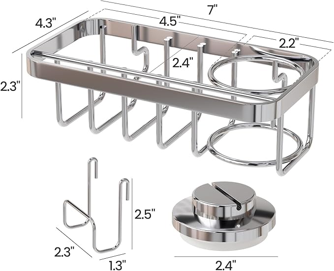 TAILI 4-in-1 Sponge Holder for Kitchen Sink with Strong Suction Cup Removable, Rustproof Aluminum Sink Caddy for Sponge, Brush, Scrubber, Scraper -Silver