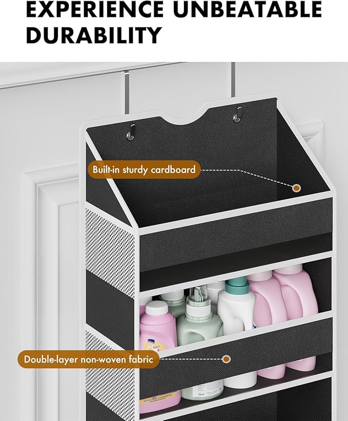 Over The Door Organizer Hanging - 6 Shelf Over Door Organizer with 6 Clear Front & 12 Side Pockets - 50LB Load Behind Storage for Closet Bedroom Bathroom Nursery Baby Essentials(Black)