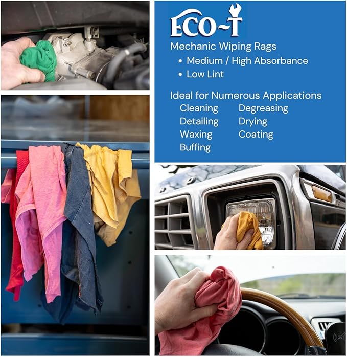 1 Lb Bag Eco-T Mechanic Shop Rags - Colored T-Shirt Material, 100% Recycled, Eco-Friendly, High Absorbency, Low Lint, Low-Cost, Industrial Use Wiping Cloth