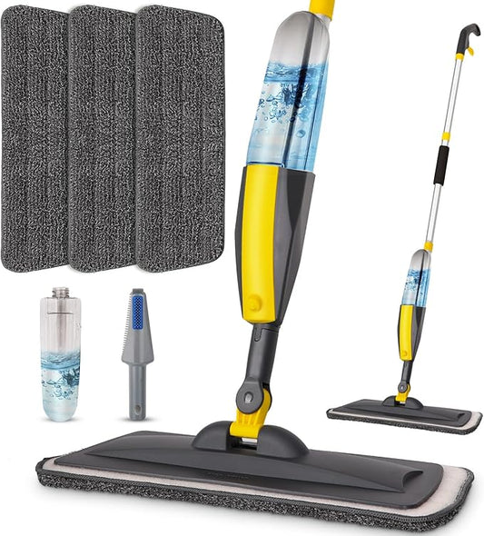 Mops for Floor Cleaning, Spray Mop with 400ml Refillable Bottle and 2 Replacement Pads Dry Wet Floor Household or Commercial Hardwood Laminate Tile Ceramic (Yellow)