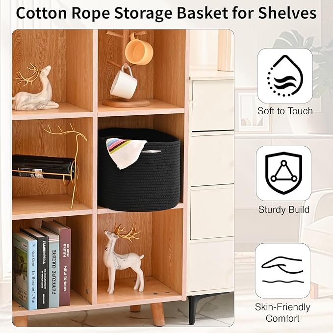 Woven Cotton Rope Storage Basket for Organizing, Cute Decorative Baskets for Gifts Empty, Organizer Bins for Dog Toy, Baby Laundry, 15“×11”×9.5“, Black