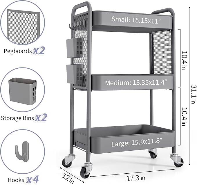 TOOLF 3 Tier Rolling Cart Storage Organizer, Metal Rolling Utility Cart with Wheels, Hooks & Bins Esthetician Craft Art Sturdy Storage with Pegboard for Bathroom, Kitchen, Office, Nursery Diaper