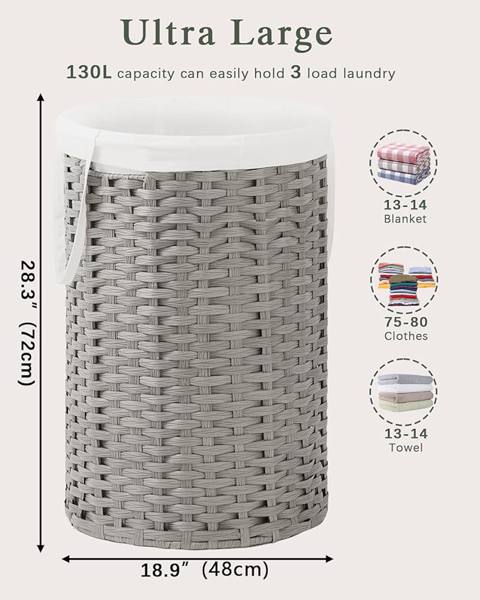34.3 Gal (130 L) Large Laundry Hamper Laundry Basket Round Handwoven Wicker Laundry Baskets Rattan Laundry Basket with Removable Bag Handles 2 Mesh Bags for Living Room Bedroom Gray