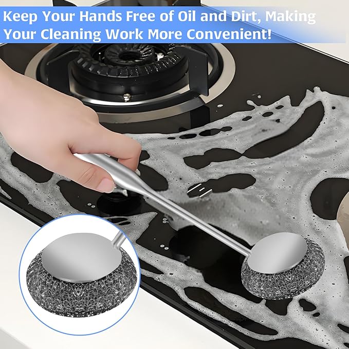 2Pcs Stainless Steel Wool Scrubber Sets, Dish Scrubber with Long Short Handle Stainless Steel Scrubber Cleaning Brush Metal Scrubber with Replacement, Steel Scrubber for Dishes Tableware Home Kitchen