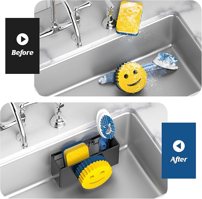 Sponge Holder for Kitchen Sink,Smiley Face Sink Caddy,Sponge Holder Stainless Steel with Suction Cups & 1 PCS Adhesive Strips for Holding Soap,Brush,Scrubber,Sponge-Black